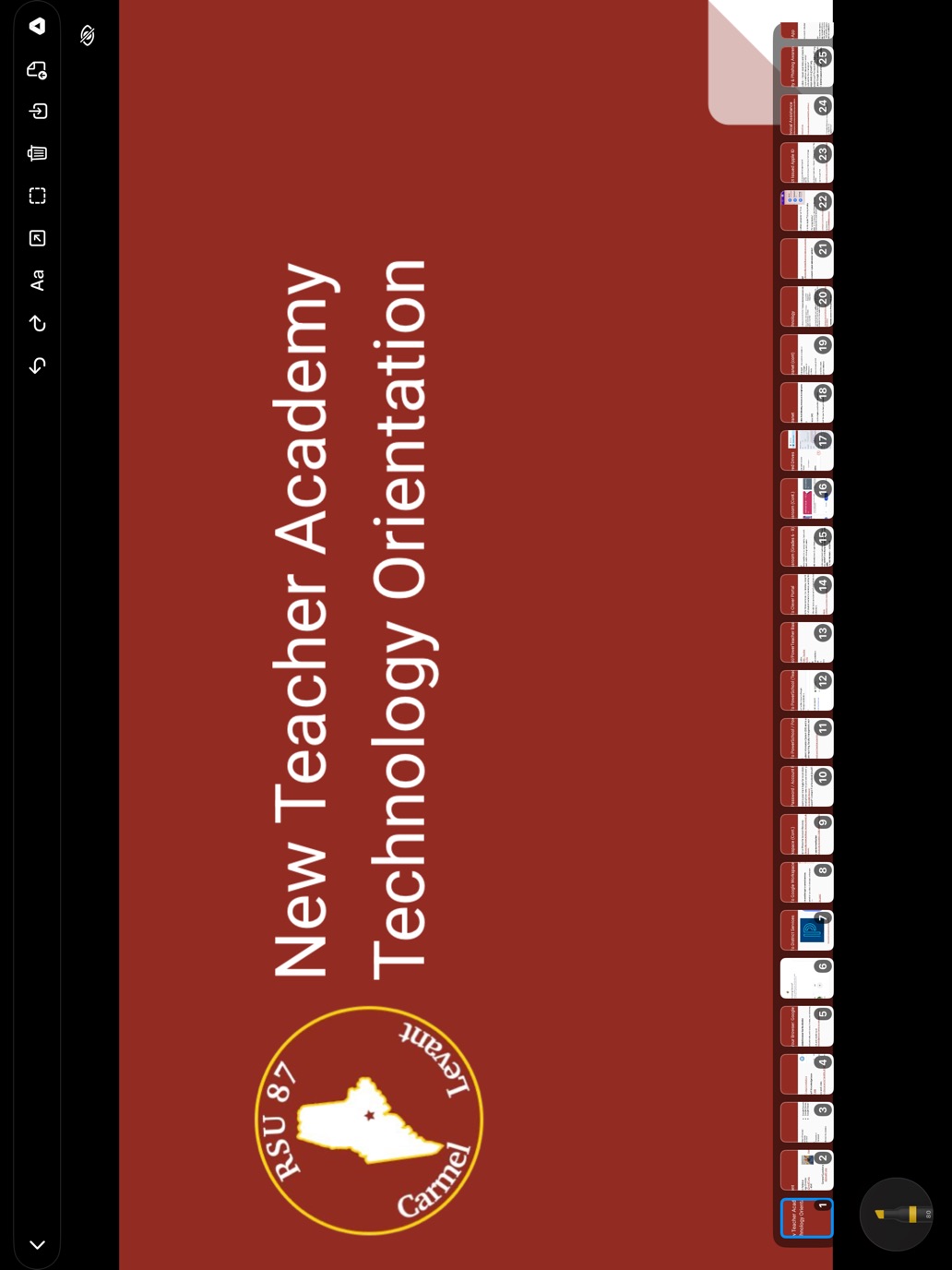 A Google Slides deck opened in Overhead, showing the title slide full-screen with a strip of twenty slide thumbnails along the bottom of the screen.